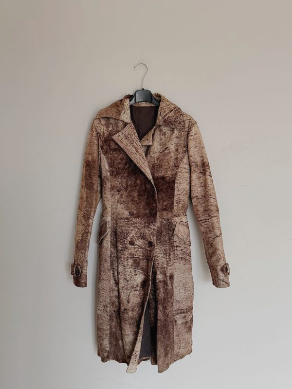 Cappotto raro in vera pelle distressed marrone con cintura